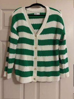 Sonoma Green and White Striped Button-Up Cardigan